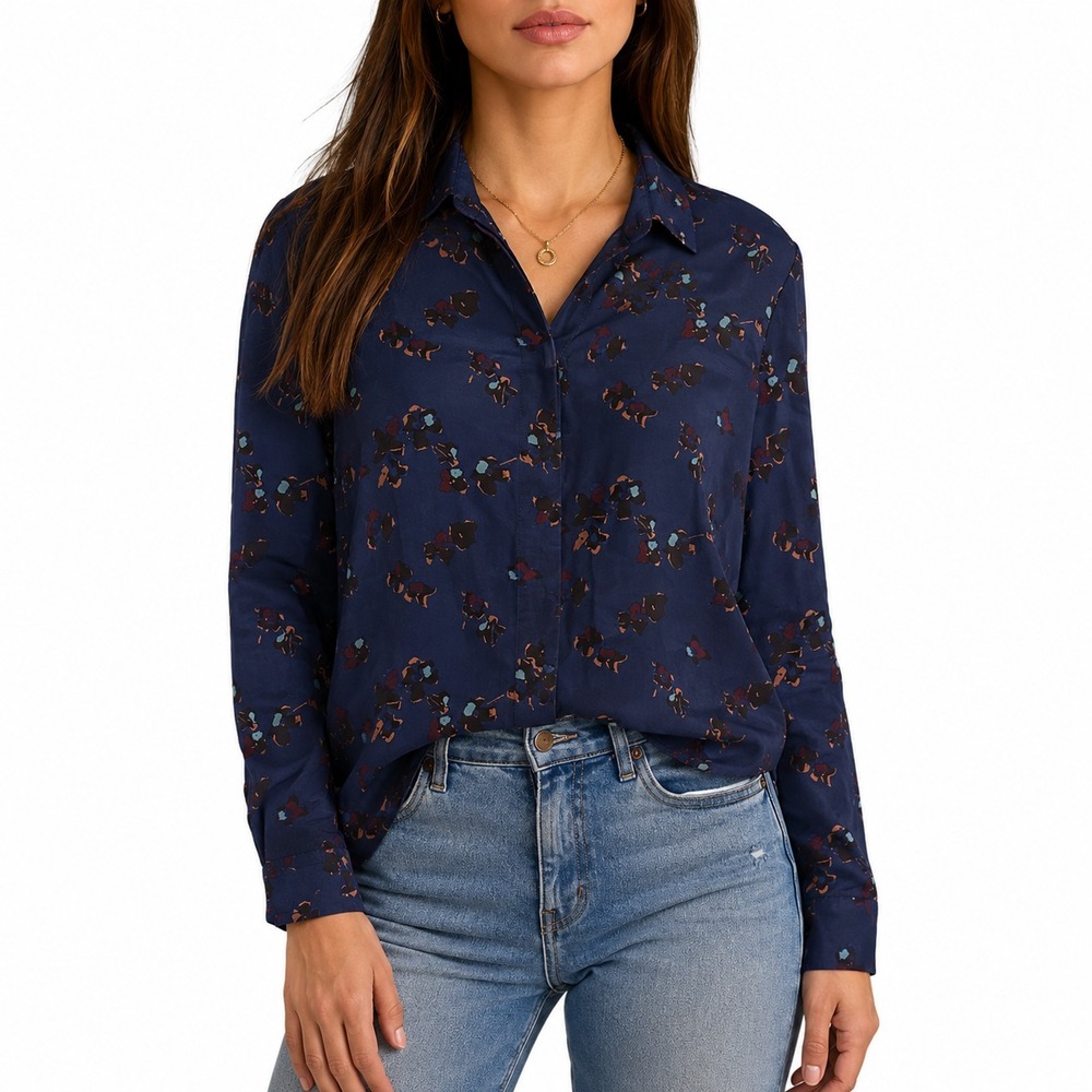 Rebecca Taylor Silk Blouse Women's Size 4 Navy Blue Point Collar Button Front
